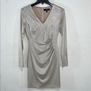 Guess Tan Beige Silver Metallic Shimmer Long Sleeve Side Ruching Party Dress